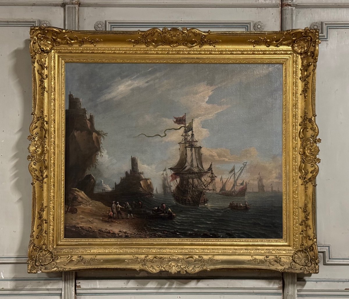 « vue D’un Port Animé » Huile Sur Toile Et Son Cadre, XVIIIème Siècle 