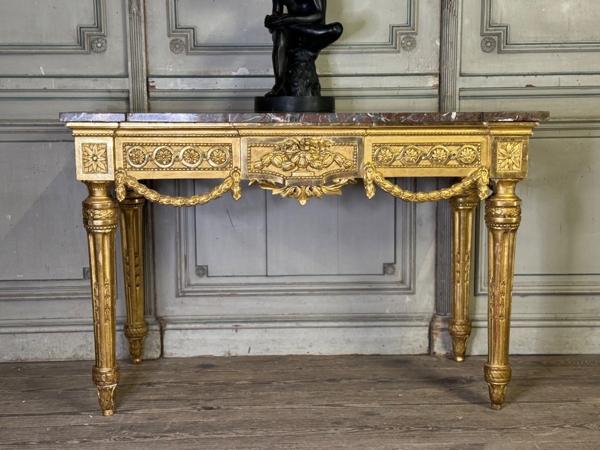 Console Louis XVI En Bois Doré, Marbre Gris Des Ardennes, XVIIIème Siècle -photo-3