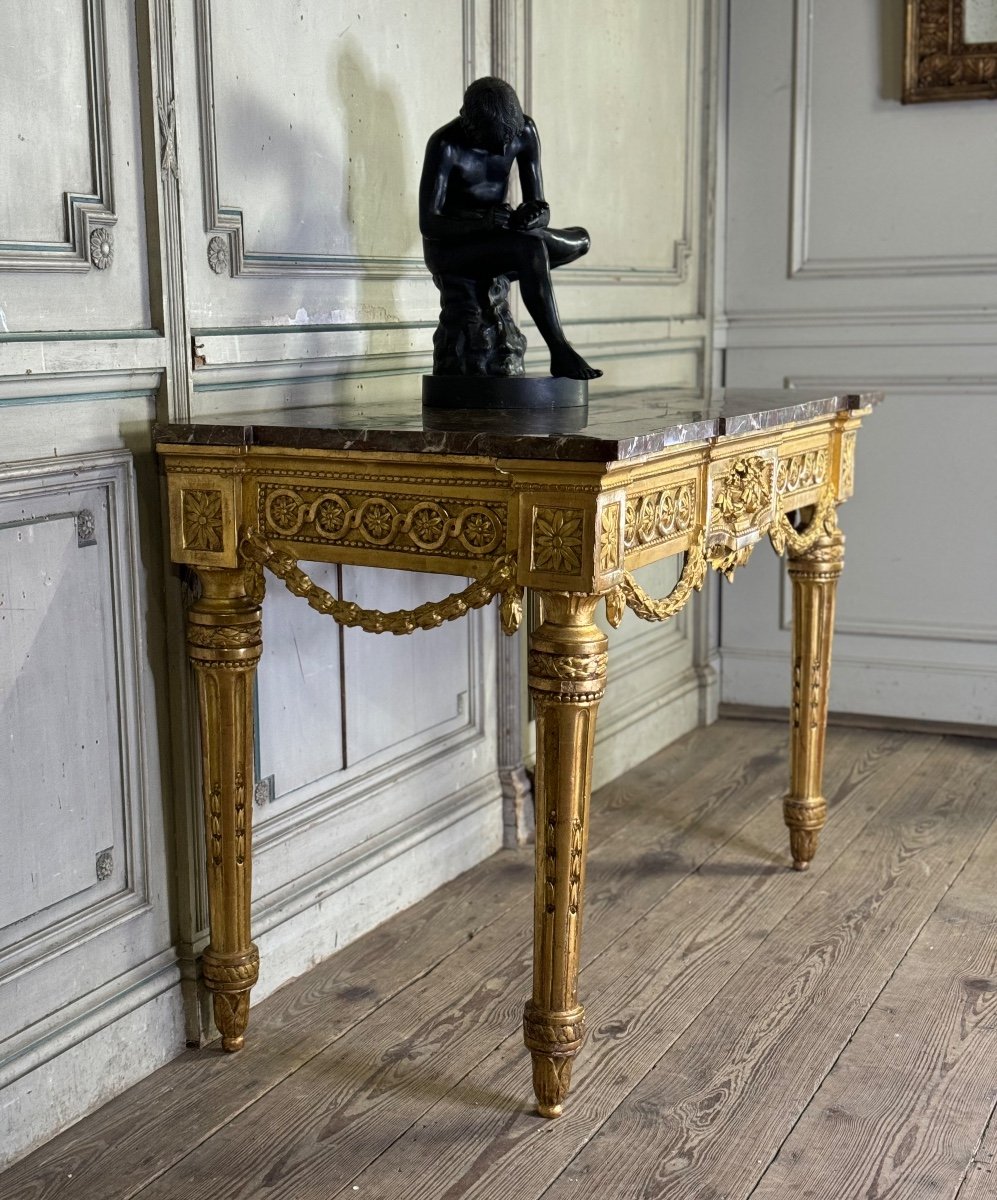 Console Louis XVI En Bois Doré, Marbre Gris Des Ardennes, XVIIIème Siècle -photo-4