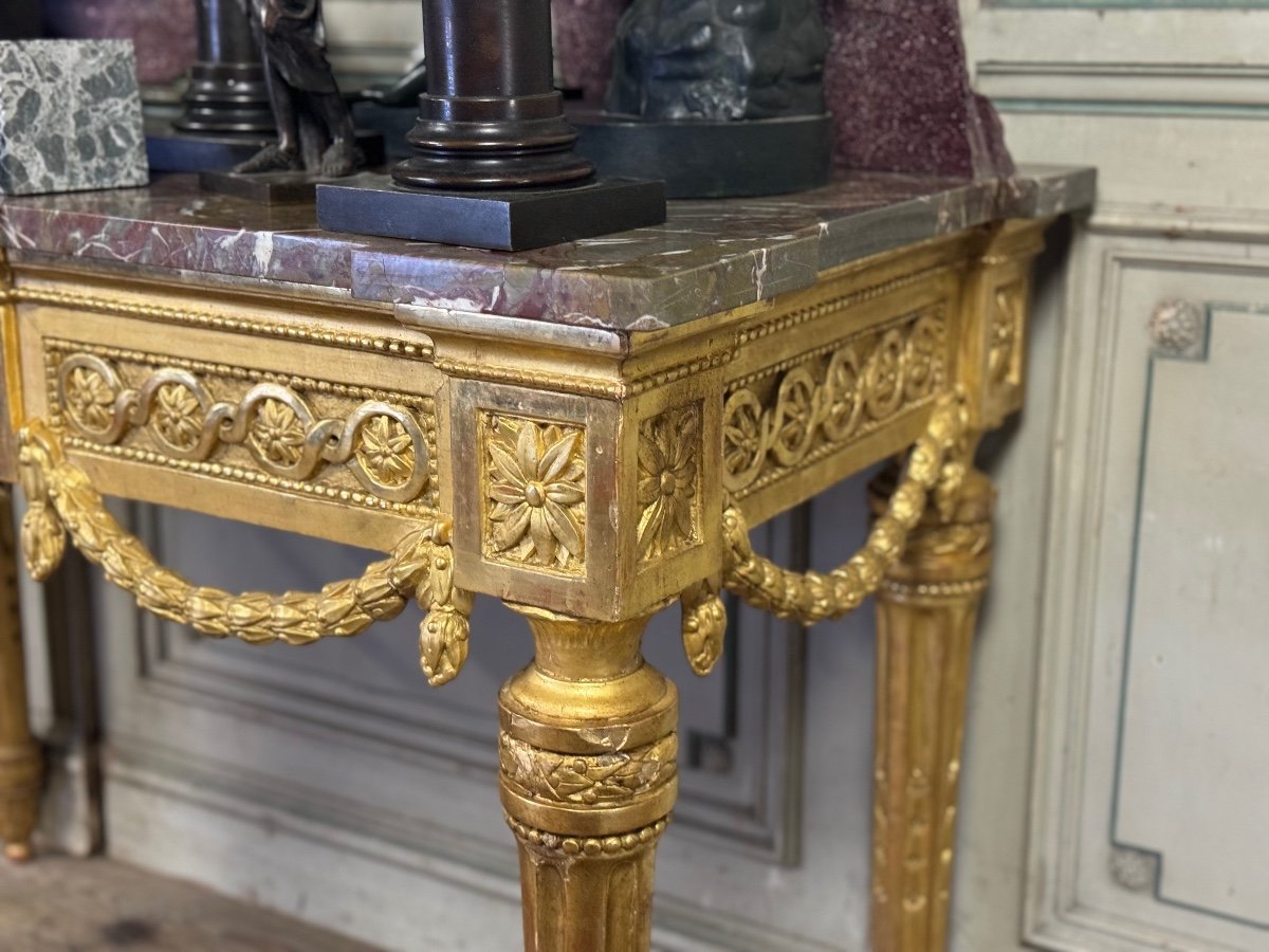 Console Louis XVI En Bois Doré, Marbre Gris Des Ardennes, XVIIIème Siècle -photo-5