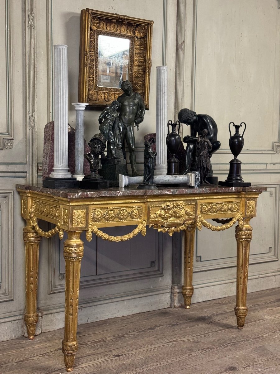 Console Louis XVI En Bois Doré, Marbre Gris Des Ardennes, XVIIIème Siècle -photo-6