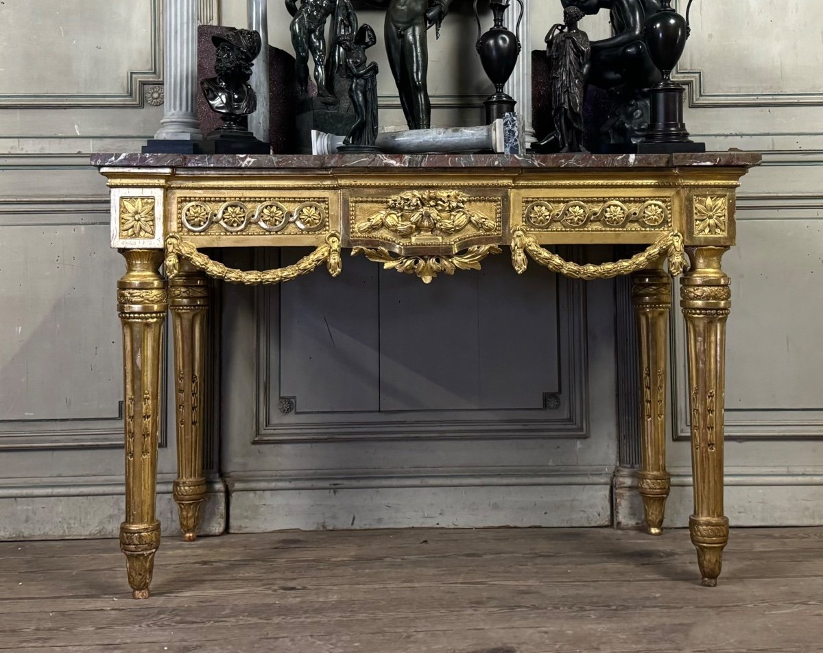 Console Louis XVI En Bois Doré, Marbre Gris Des Ardennes, XVIIIème Siècle -photo-8