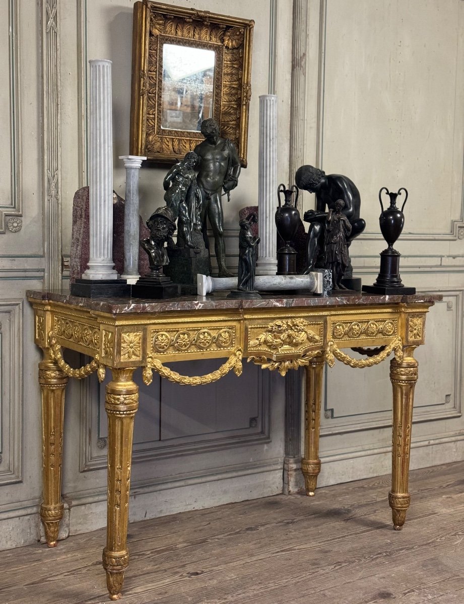 Console Louis XVI En Bois Doré, Marbre Gris Des Ardennes, XVIIIème Siècle 