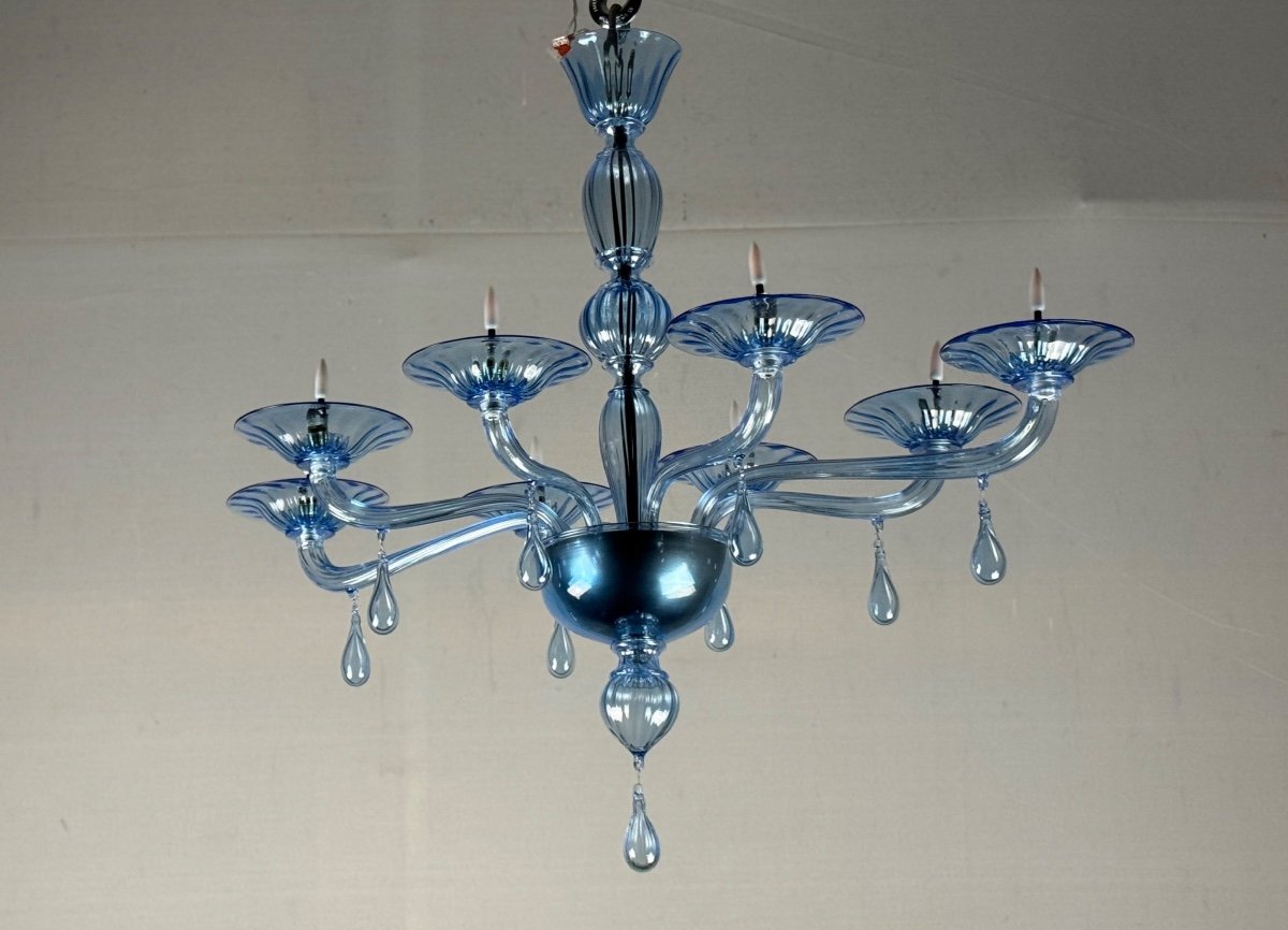 Blue Murano Glass Venetian Chandelier, 8 Light Arms-photo-2