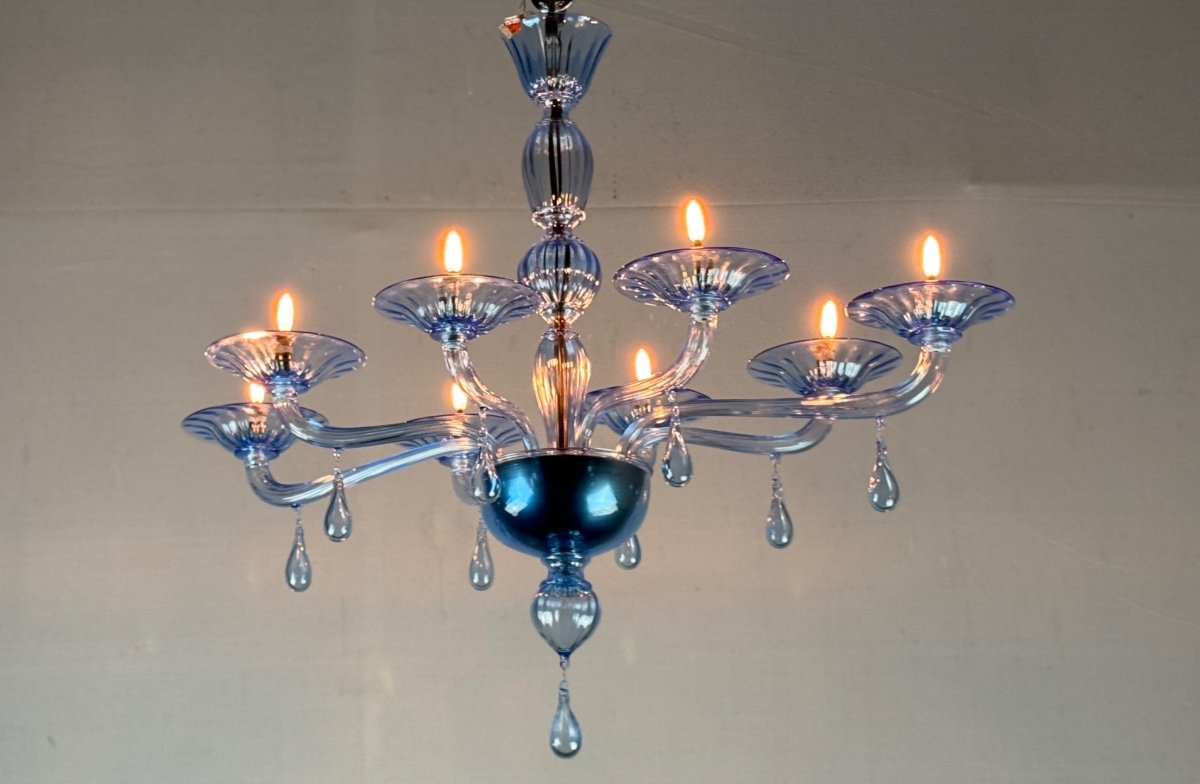 Blue Murano Glass Venetian Chandelier, 8 Light Arms