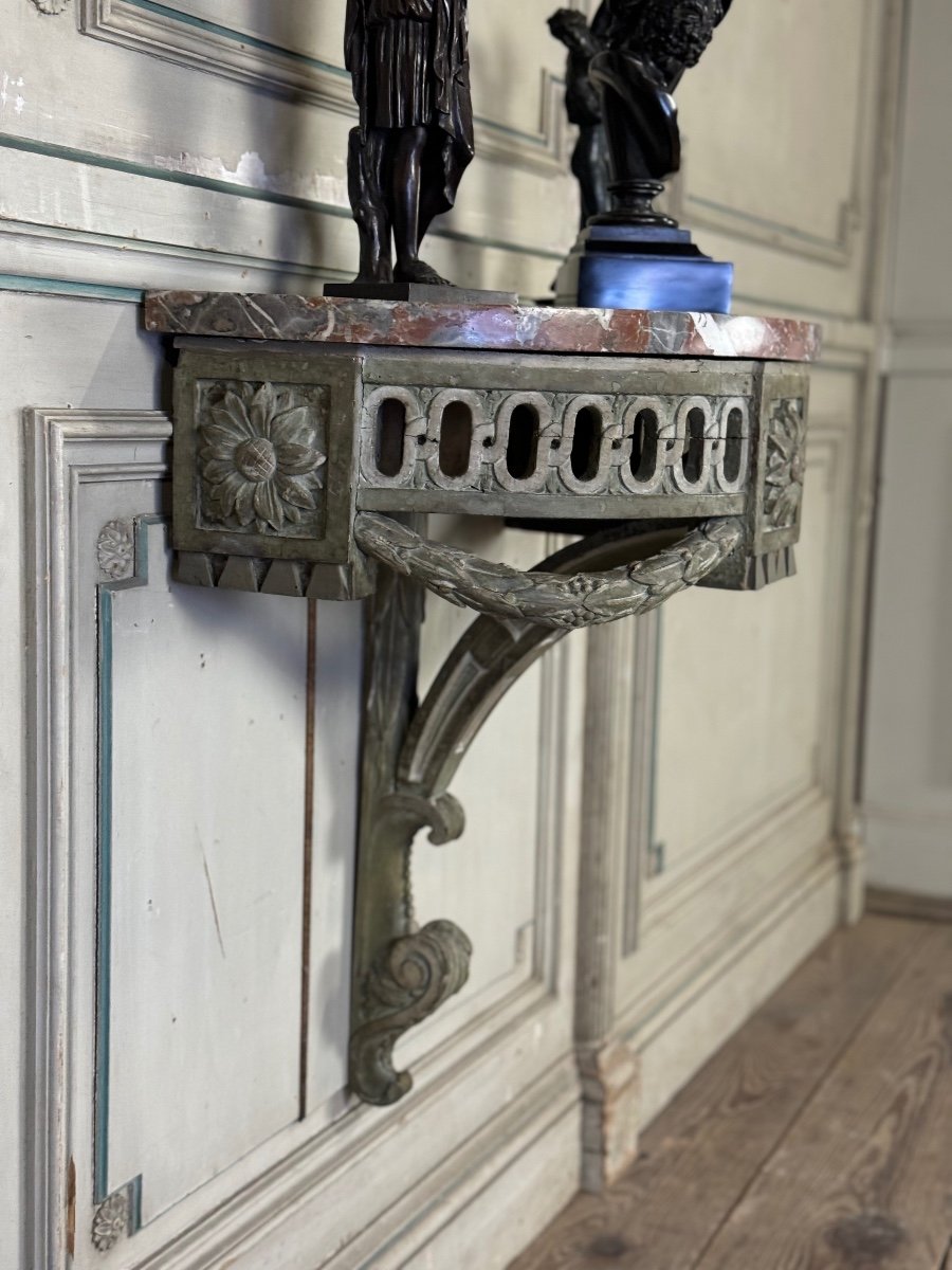 Carved Wood Wall Console, Green Shades Patina, 18th Century -photo-6