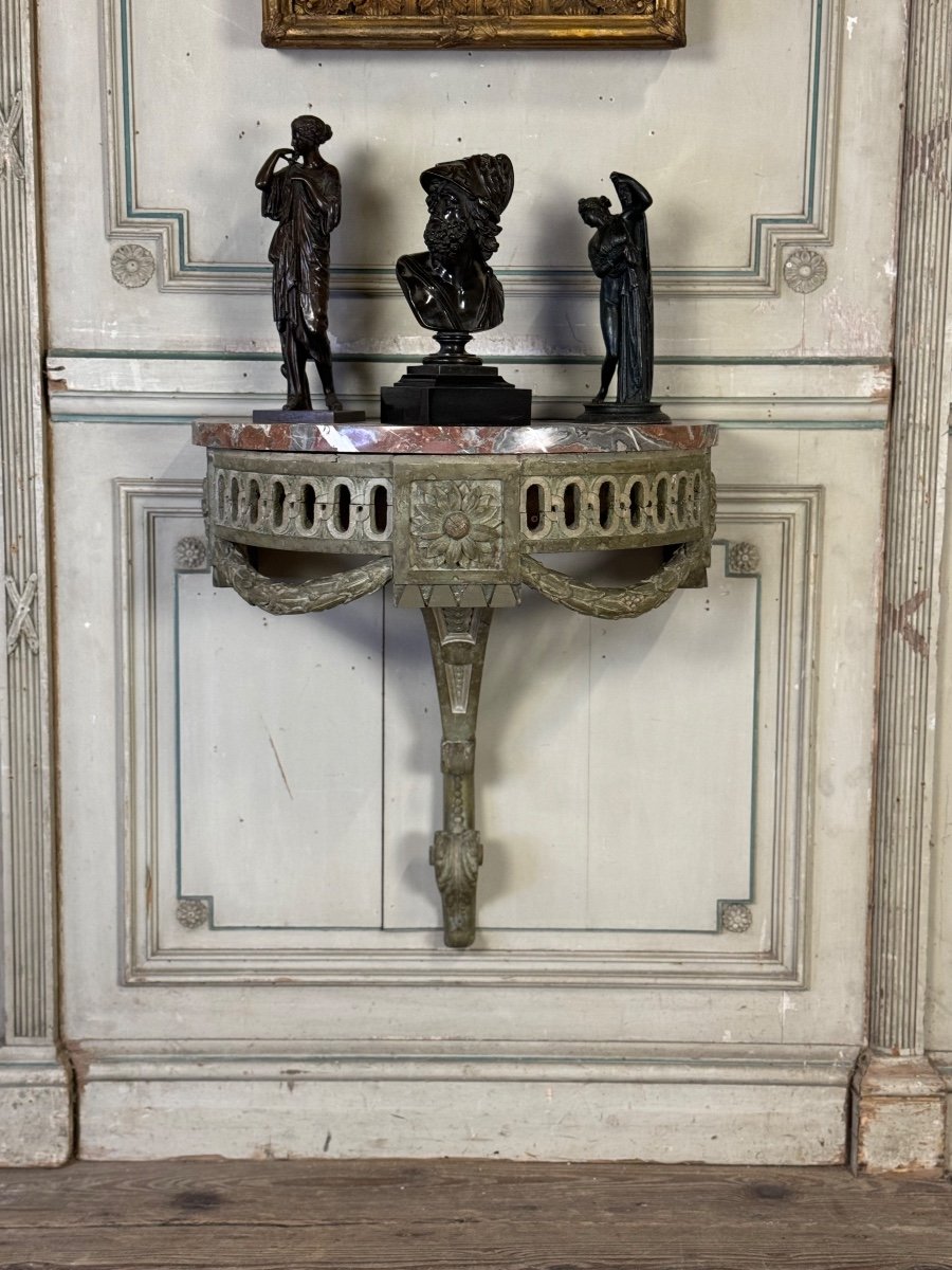 Carved Wood Wall Console, Green Shades Patina, 18th Century 