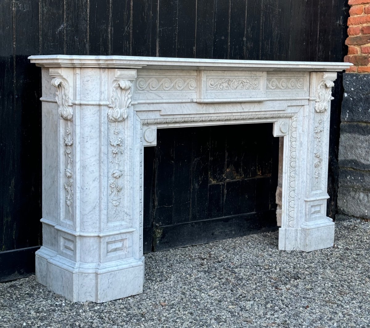 Important Napoleon III Fireplace In White Carrara Marble Circa 1880