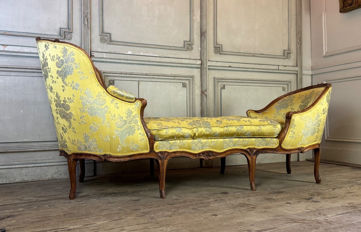 Duchess In Boat, Chaise Longue, Louis XV, Yellow Silk, 18th Century -photo-2