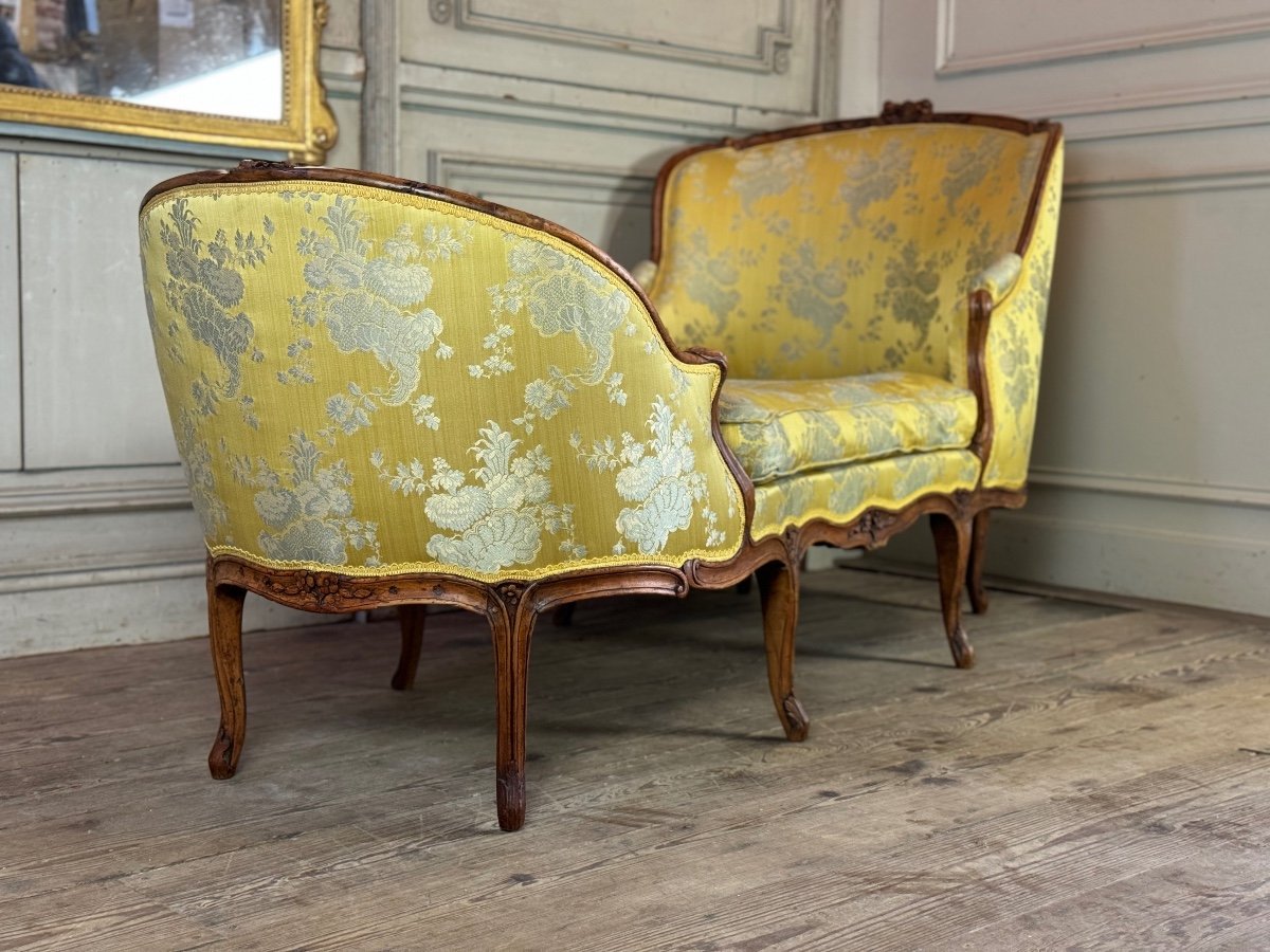 Duchess In Boat, Chaise Longue, Louis XV, Yellow Silk, 18th Century -photo-3