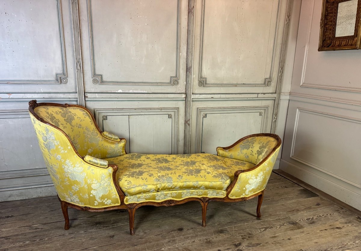 Duchess In Boat, Chaise Longue, Louis XV, Yellow Silk, 18th Century -photo-4