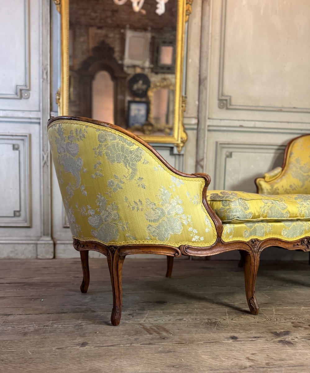 Duchess In Boat, Chaise Longue, Louis XV, Yellow Silk, 18th Century -photo-1