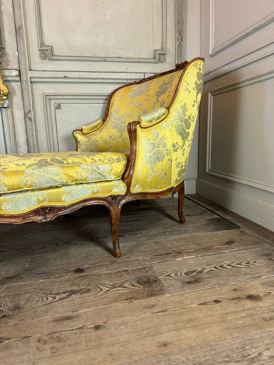 Duchess In Boat, Chaise Longue, Louis XV, Yellow Silk, 18th Century -photo-2