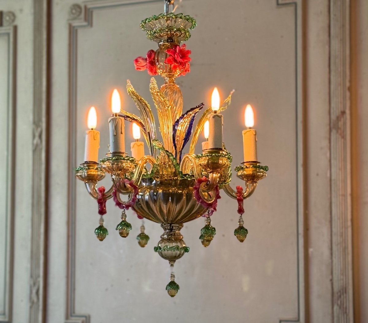 Venetian Chandelier In Multi-colored Murano Glass With Dominant Mordoré, Circa 1940-photo-4