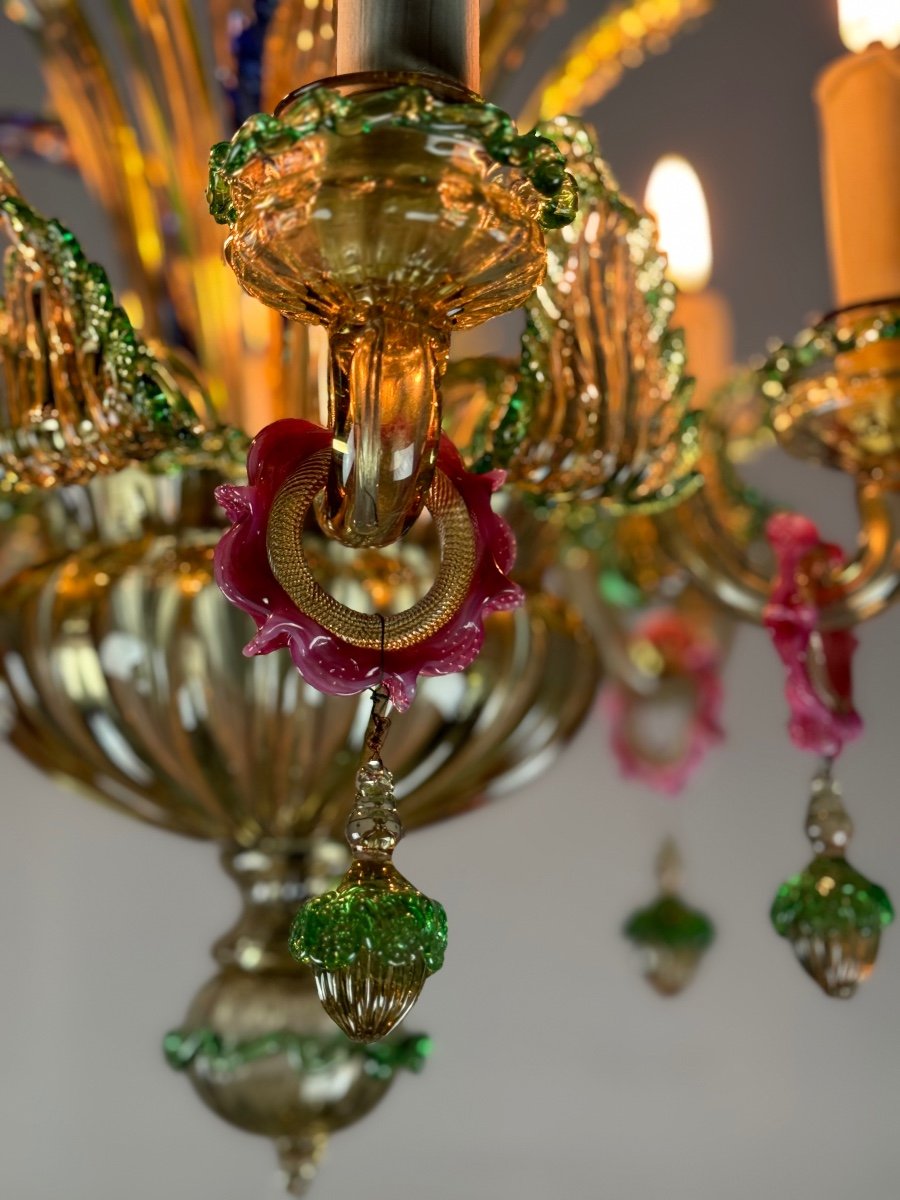 Venetian Chandelier In Multi-colored Murano Glass With Dominant Mordoré, Circa 1940-photo-1