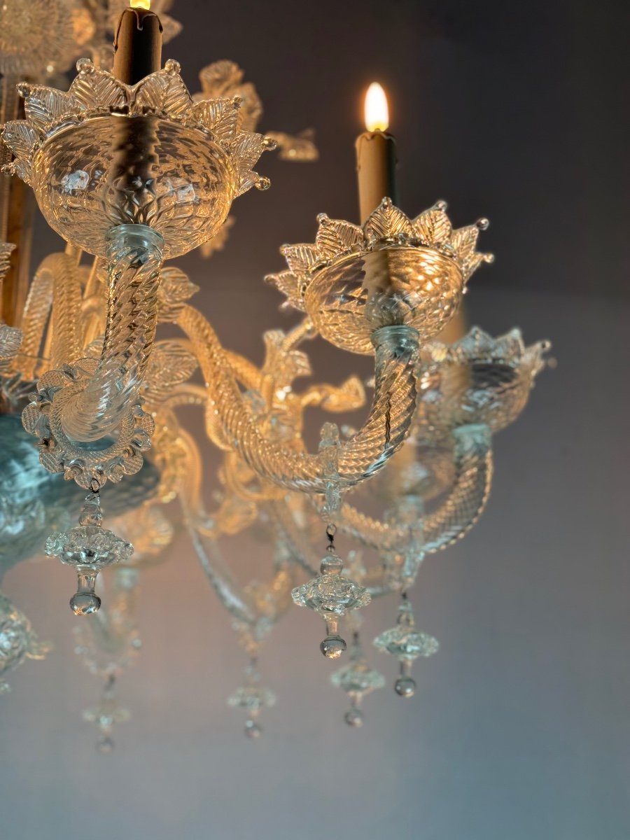 Venetian Chandelier In Colorless Murano Glass, 12 Light Arms, Circa 1900-photo-4