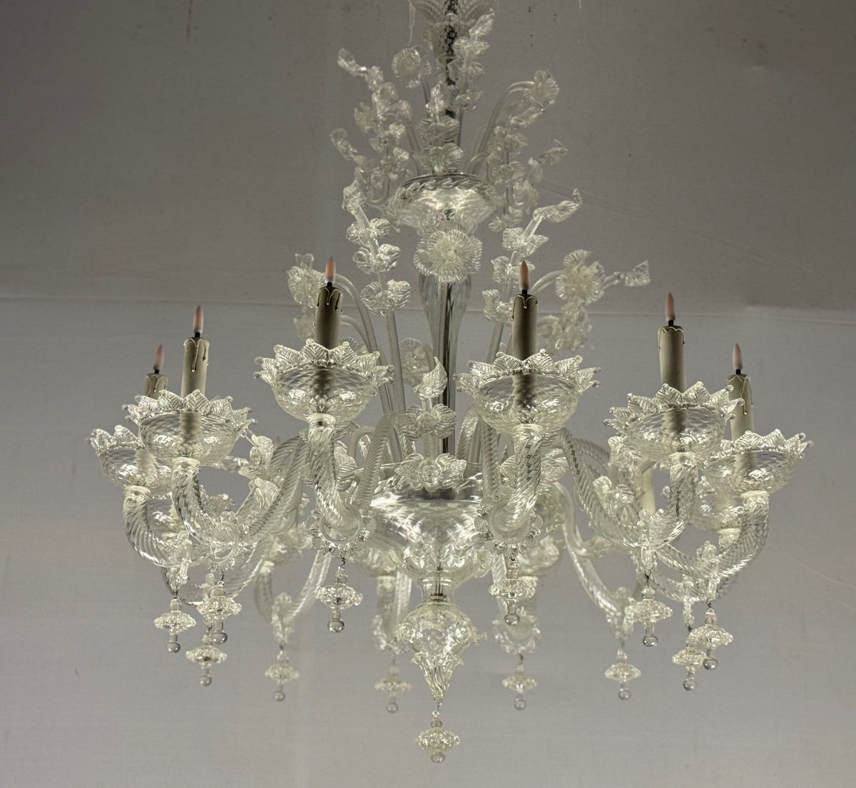 Venetian Chandelier In Colorless Murano Glass, 12 Light Arms, Circa 1900-photo-1