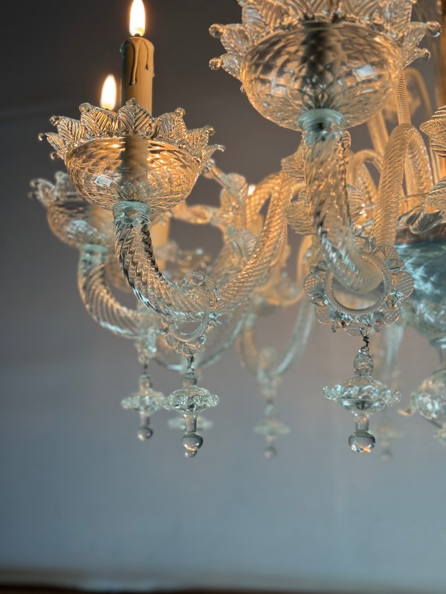 Venetian Chandelier In Colorless Murano Glass, 12 Light Arms, Circa 1900-photo-3