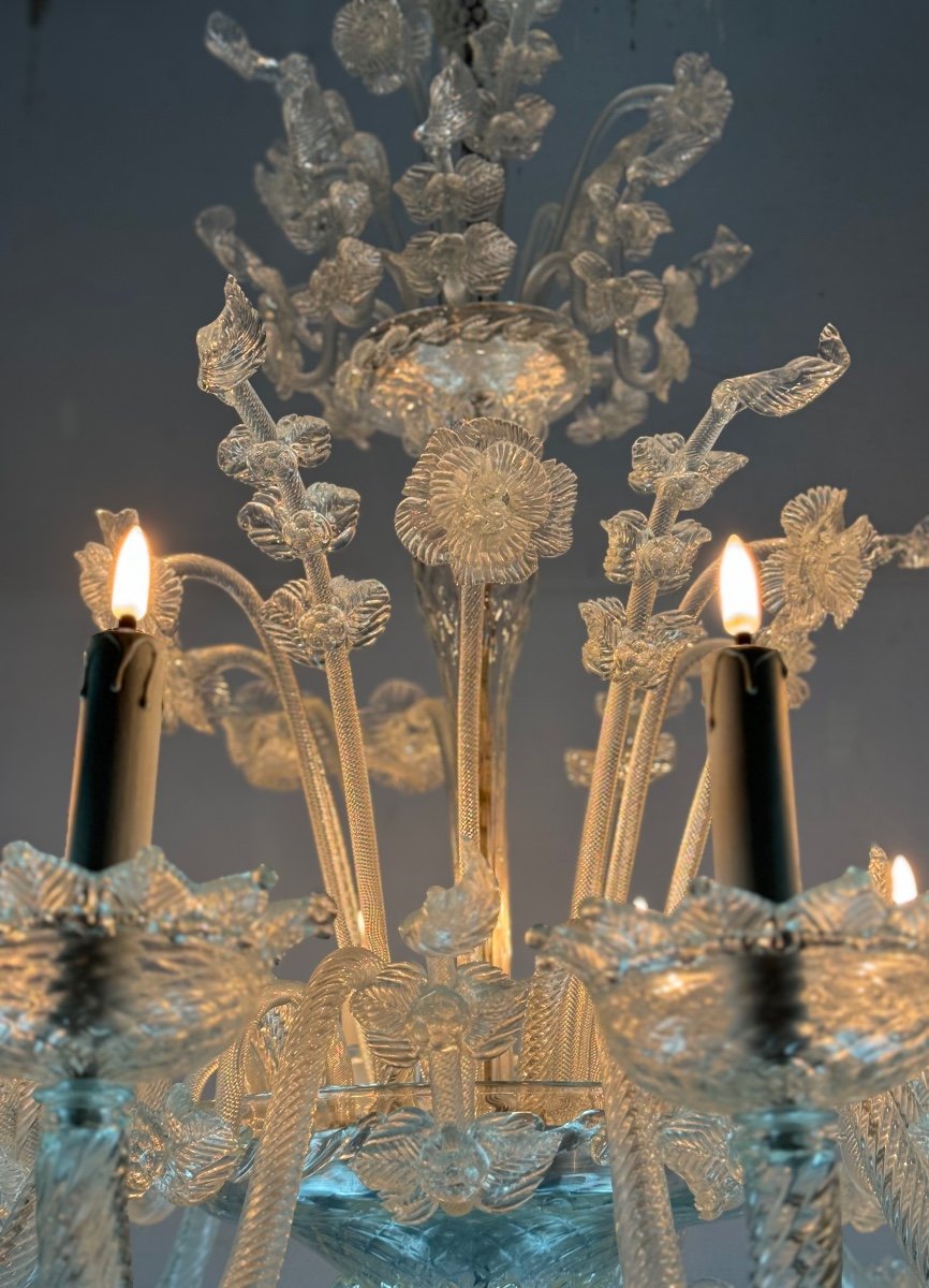 Venetian Chandelier In Colorless Murano Glass, 12 Light Arms, Circa 1900-photo-4