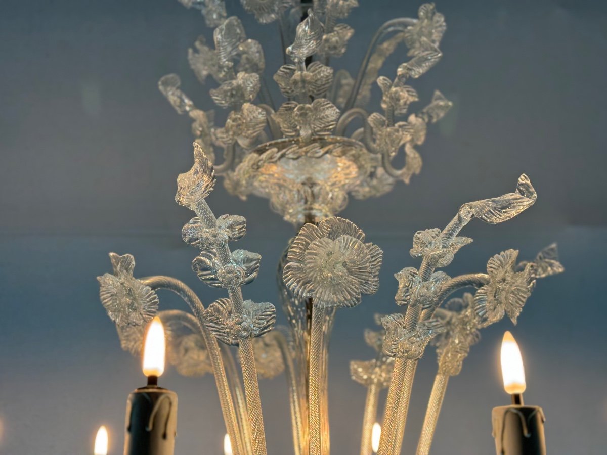 Venetian Chandelier In Colorless Murano Glass, 12 Light Arms, Circa 1900-photo-6