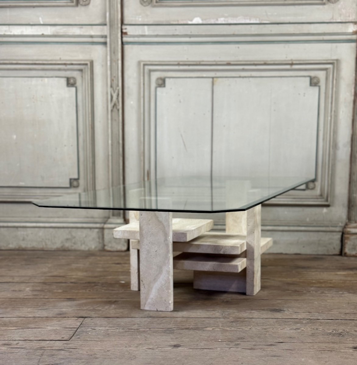 Brutalist Travertine Coffee Table By Willy Ballez-photo-2