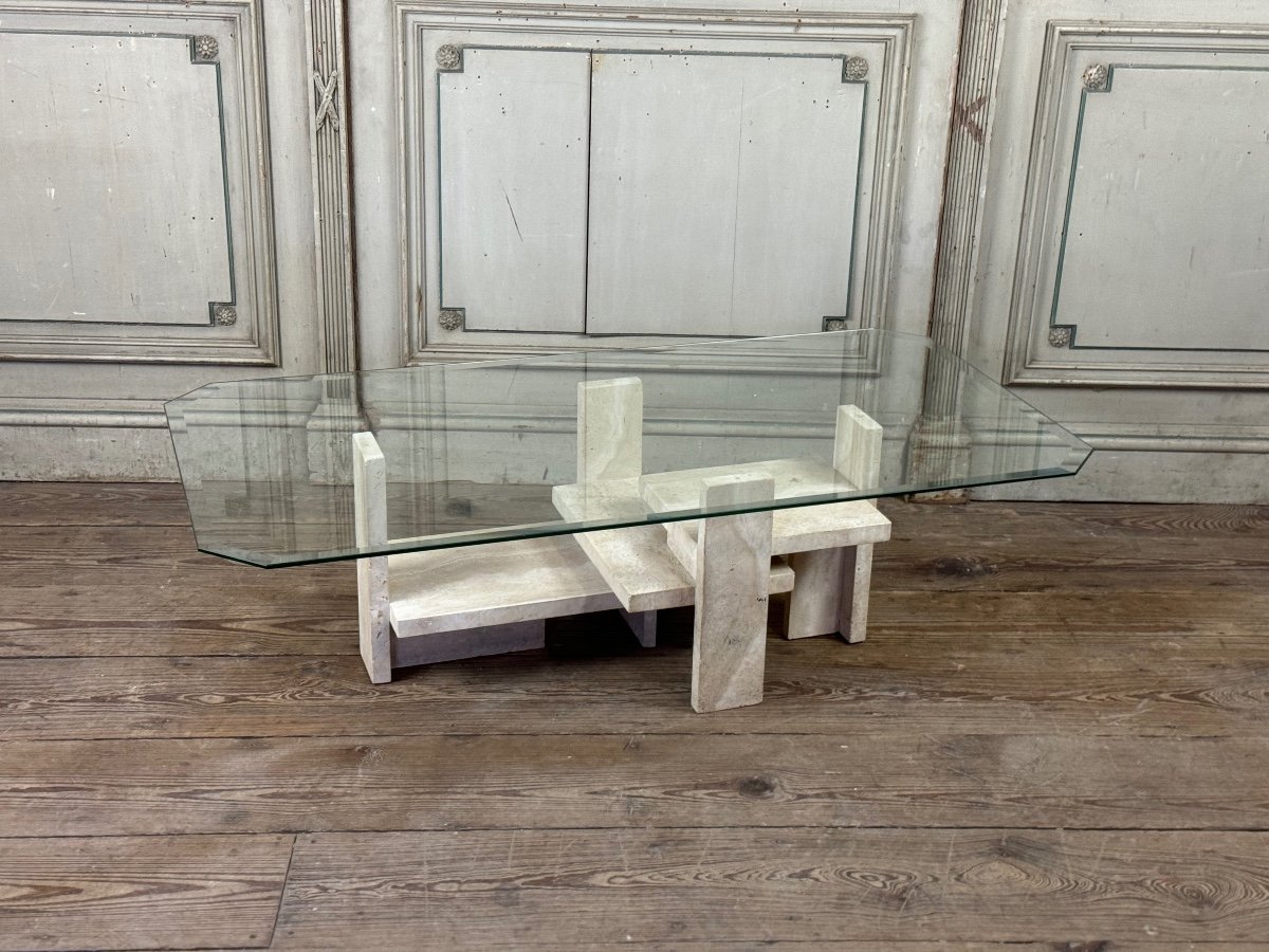 Brutalist Travertine Coffee Table By Willy Ballez-photo-3