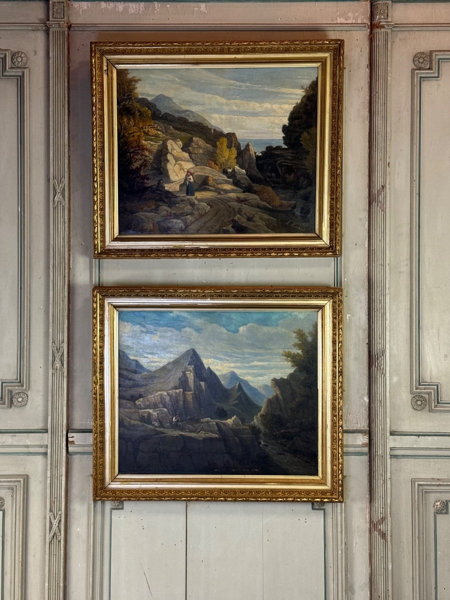 Paire D’huiles Sur Toiles, Paysages Italiens, Signées En Bas à Droite A. Numans (1823-1883)