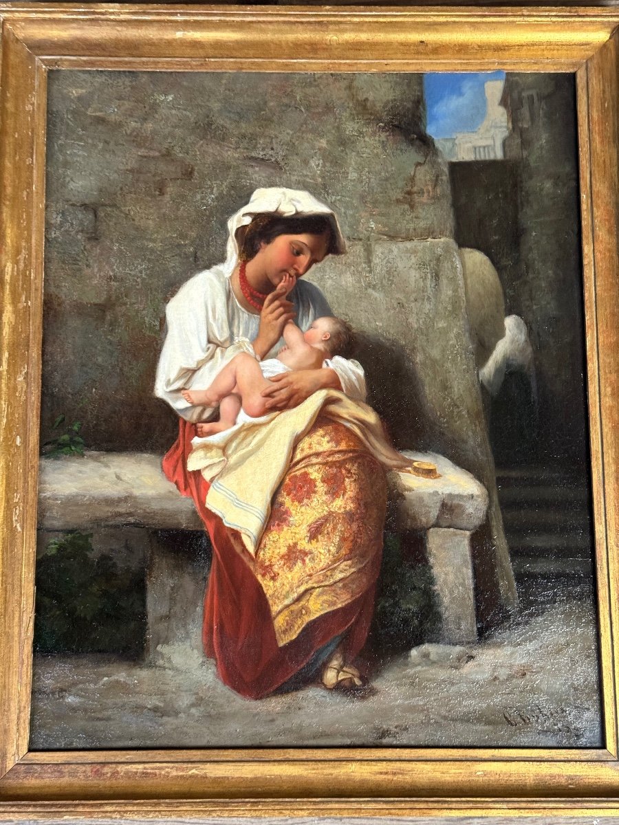 Maternity Or Young Peasant Woman And Her Child, Signed C Bühler, Italy 19th Century-photo-3