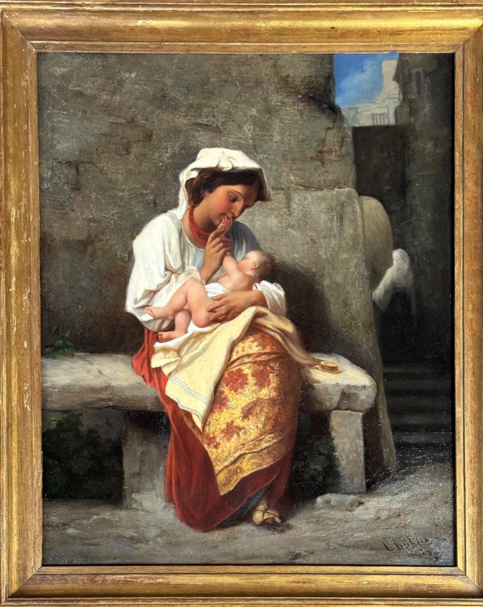 Maternity Or Young Peasant Woman And Her Child, Signed C Bühler, Italy 19th Century