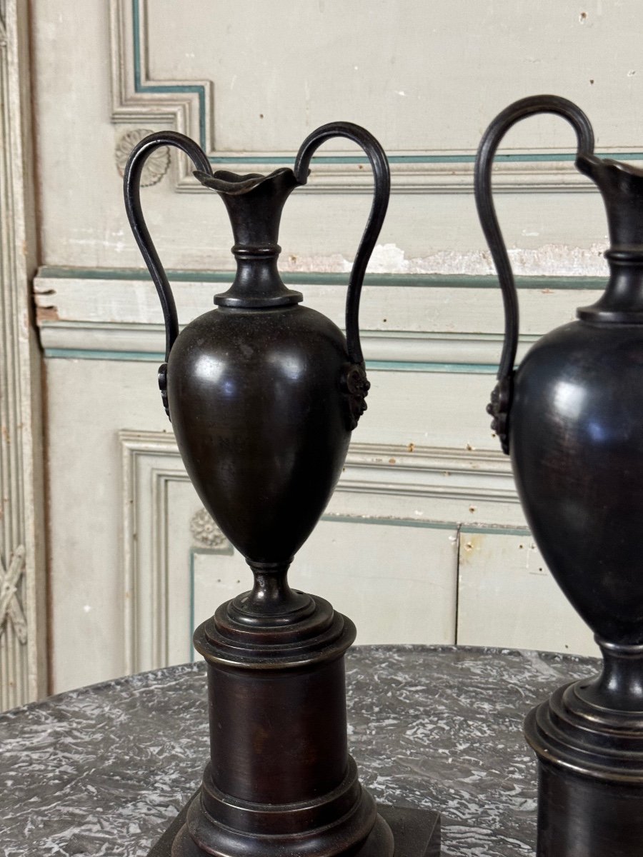 Paire De Vases En Bronze Patine Noire, XIXème Siècle -photo-5