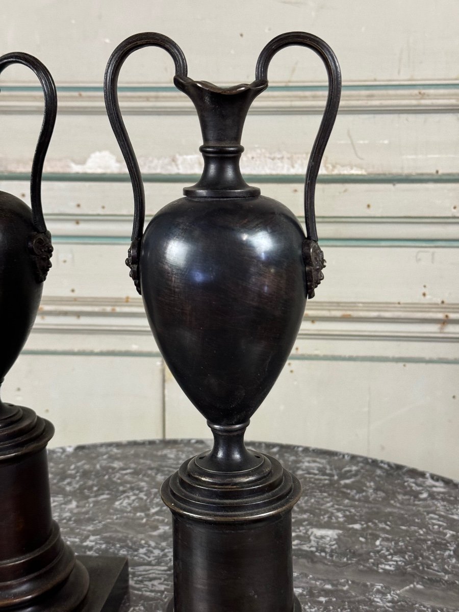 Paire De Vases En Bronze Patine Noire, XIXème Siècle -photo-6