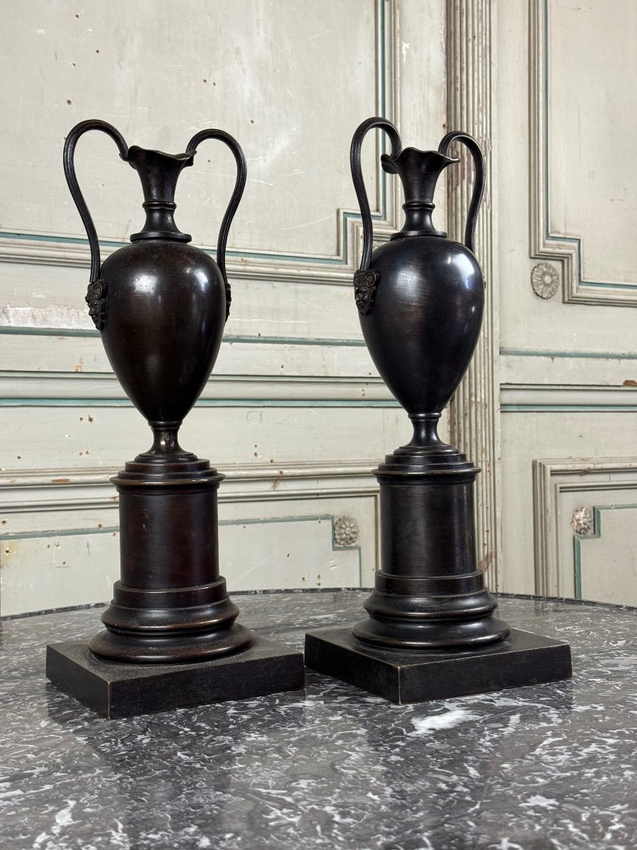 Paire De Vases En Bronze Patine Noire, XIXème Siècle -photo-7