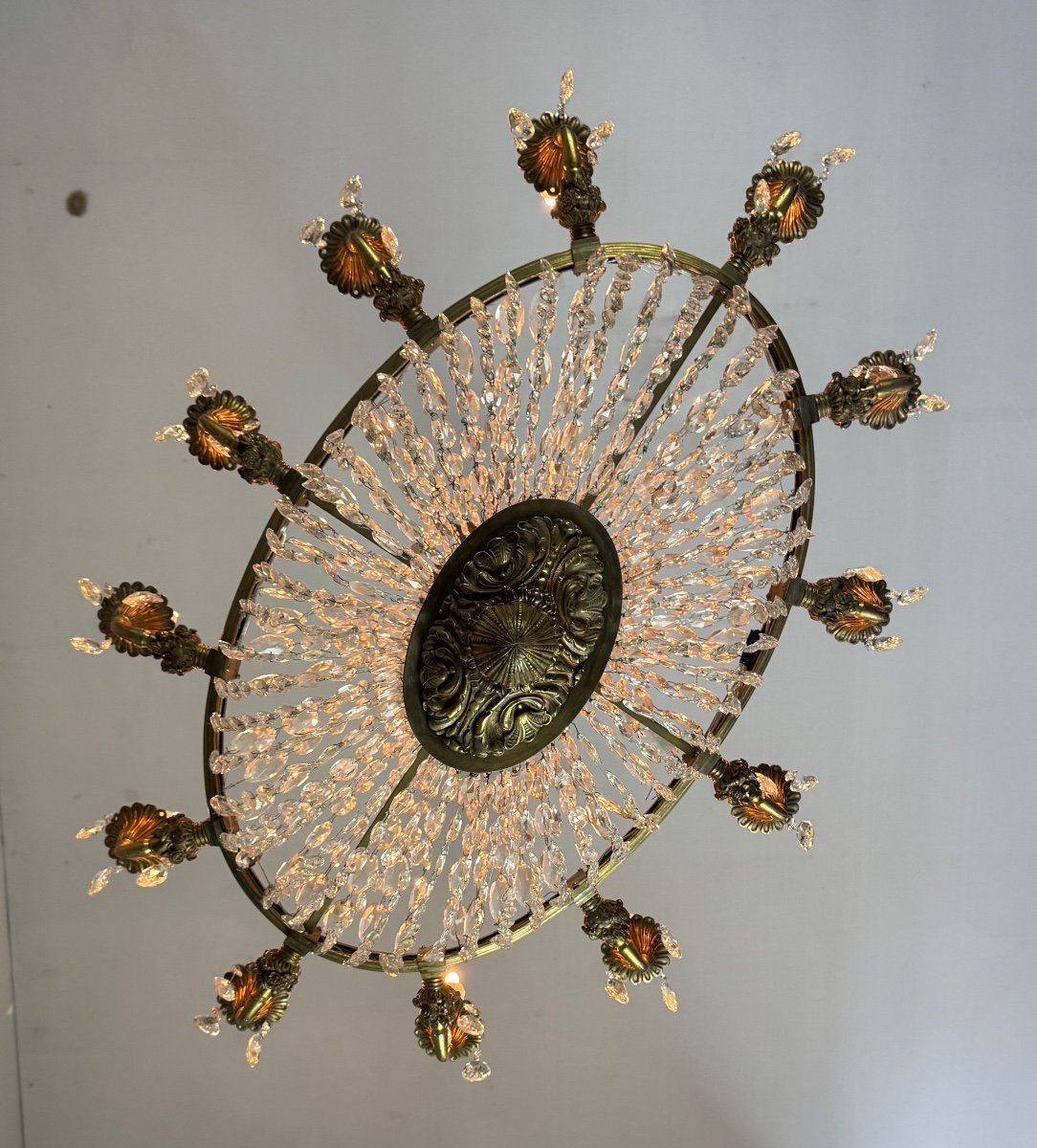 Oval Shaped Bronze And Pearl Bag Chandelier, Circa 1900 -photo-3