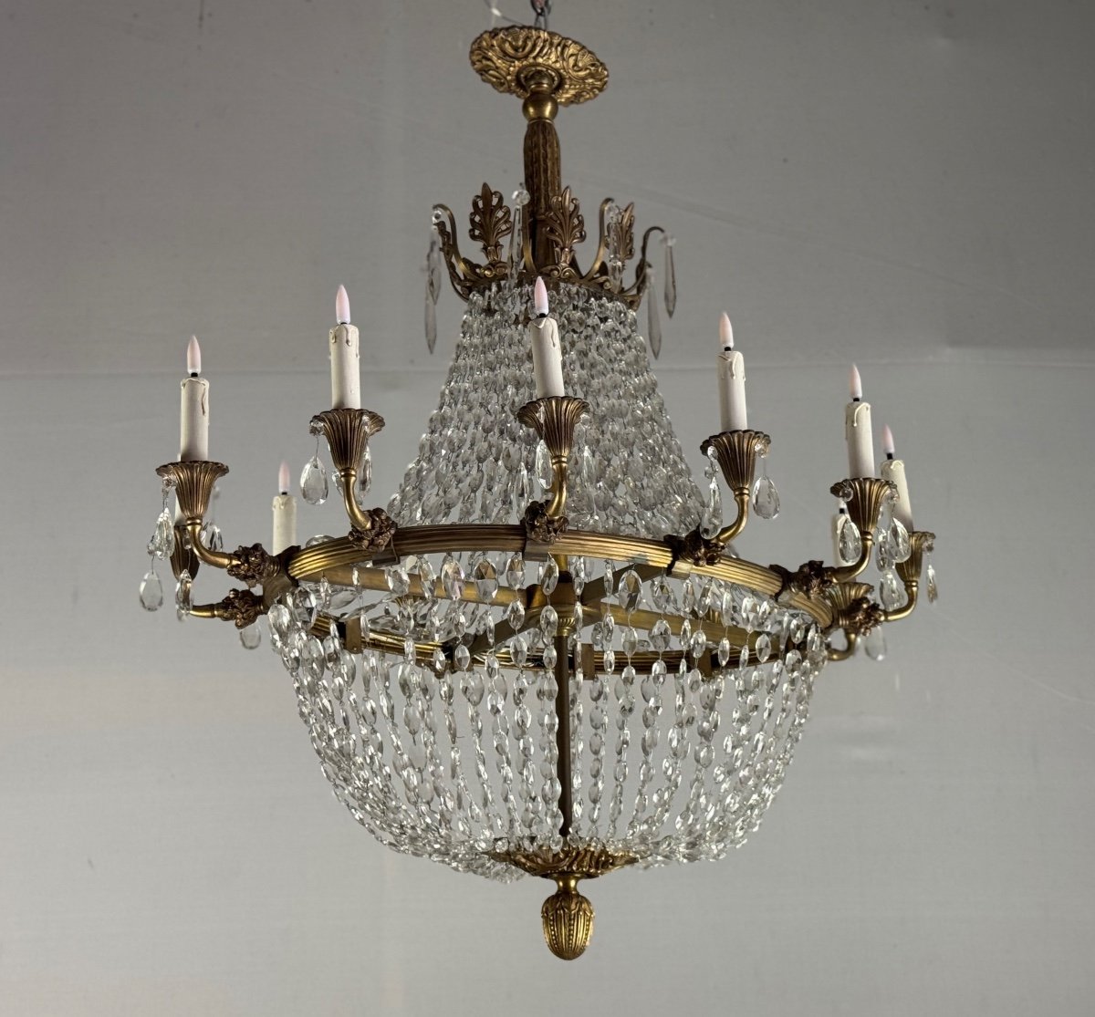 Oval Shaped Bronze And Pearl Bag Chandelier, Circa 1900 -photo-4