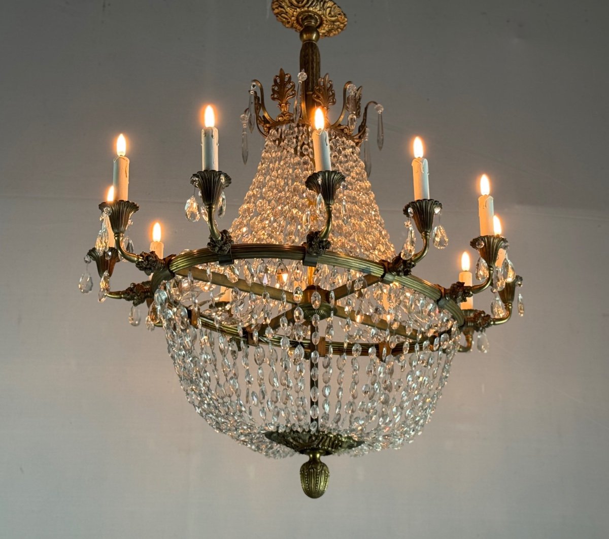 Oval Shaped Bronze And Pearl Bag Chandelier, Circa 1900 