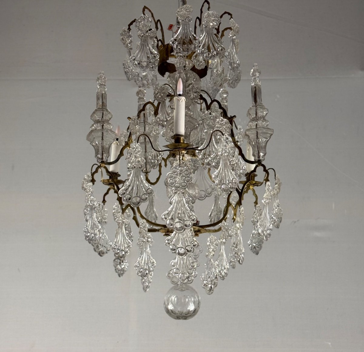 Cage Chandelier, Molded Glass And Bronze Pendants, Circa 1800 -photo-2