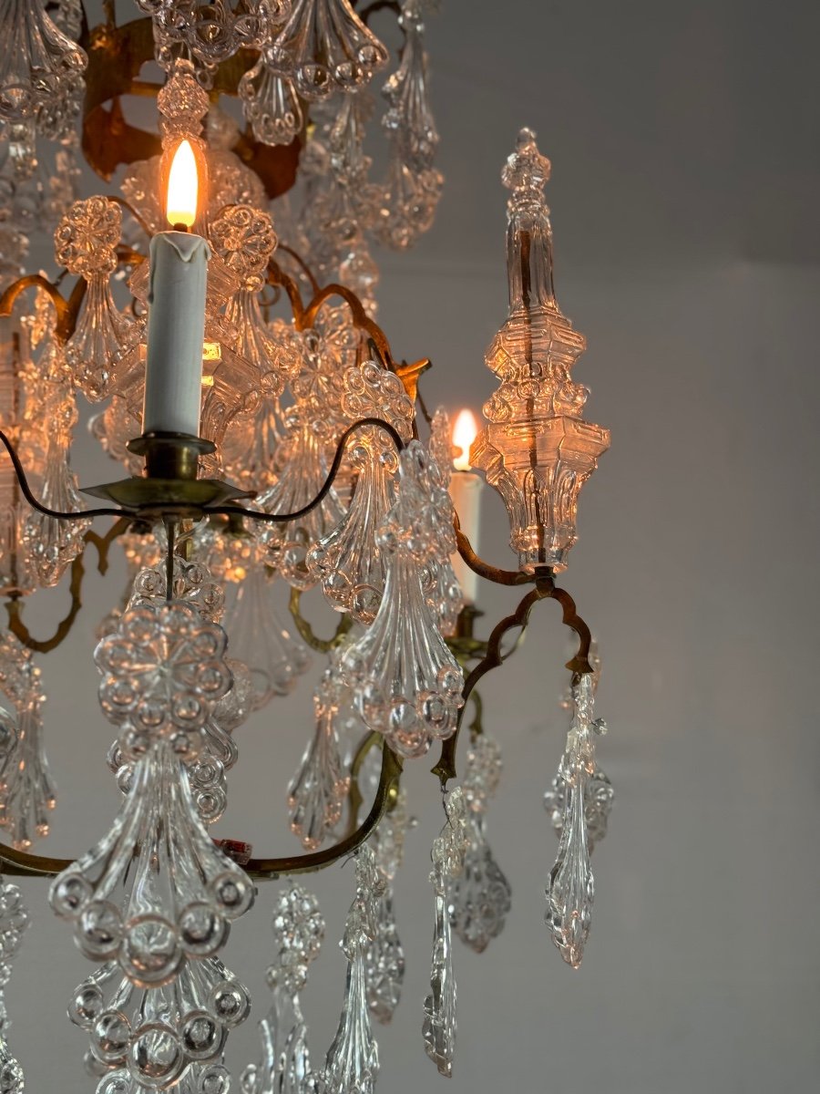 Cage Chandelier, Molded Glass And Bronze Pendants, Circa 1800 -photo-3