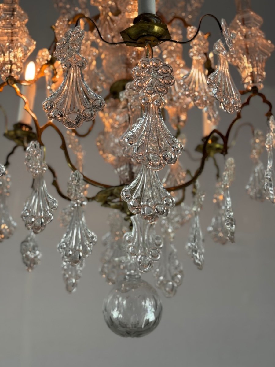 Cage Chandelier, Molded Glass And Bronze Pendants, Circa 1800 -photo-4