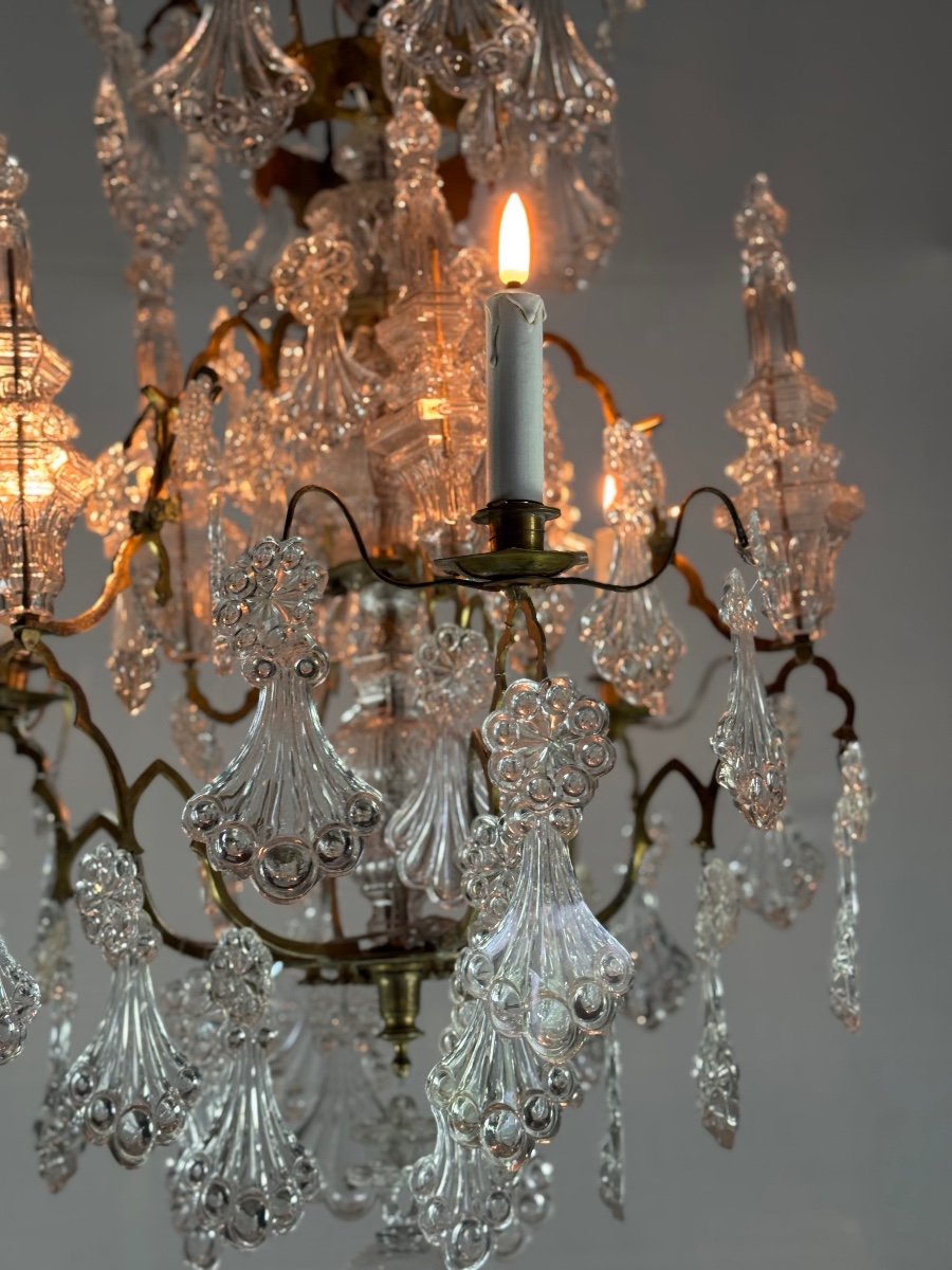 Cage Chandelier, Molded Glass And Bronze Pendants, Circa 1800 -photo-7