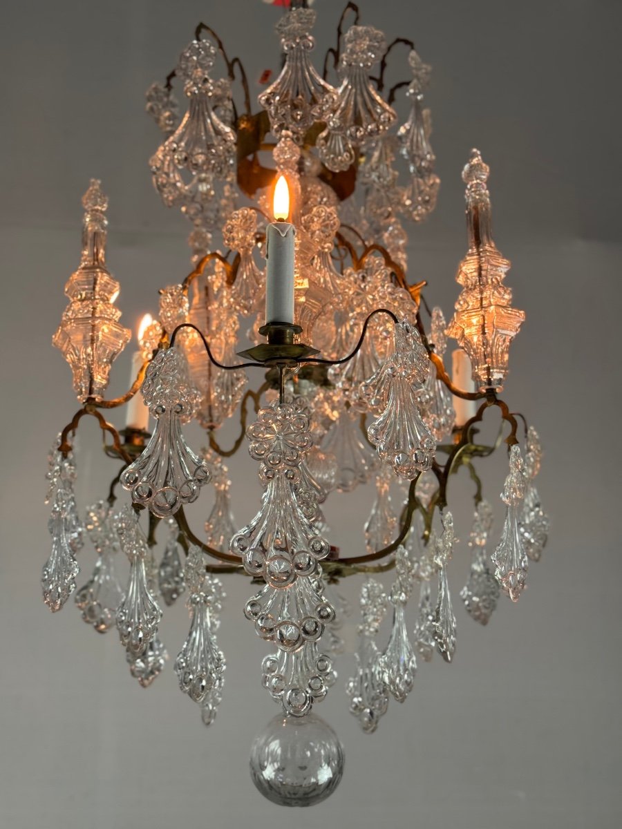 Cage Chandelier, Molded Glass And Bronze Pendants, Circa 1800 -photo-8