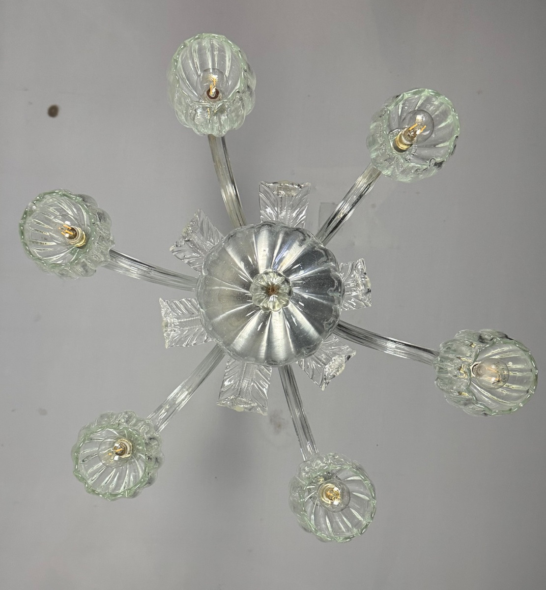 Venetian Chandelier In Colorless Murano Glass, 6 Light Arms, Circa 1930 -photo-2