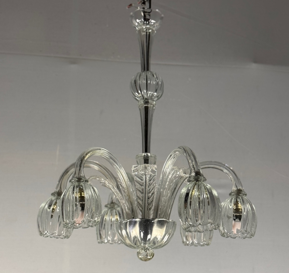 Venetian Chandelier In Colorless Murano Glass, 6 Light Arms, Circa 1930 -photo-4