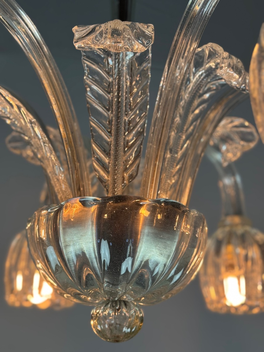 Venetian Chandelier In Colorless Murano Glass, 6 Light Arms, Circa 1930 -photo-6