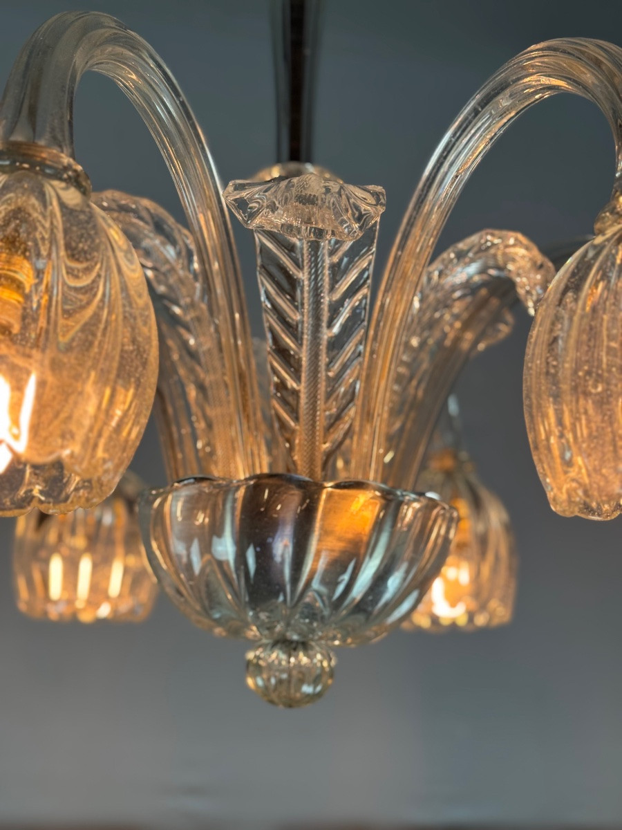 Venetian Chandelier In Colorless Murano Glass, 6 Light Arms, Circa 1930 -photo-7