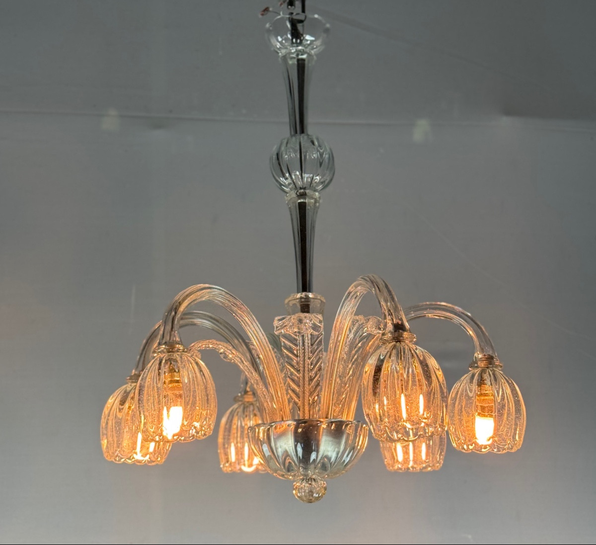 Venetian Chandelier In Colorless Murano Glass, 6 Light Arms, Circa 1930 