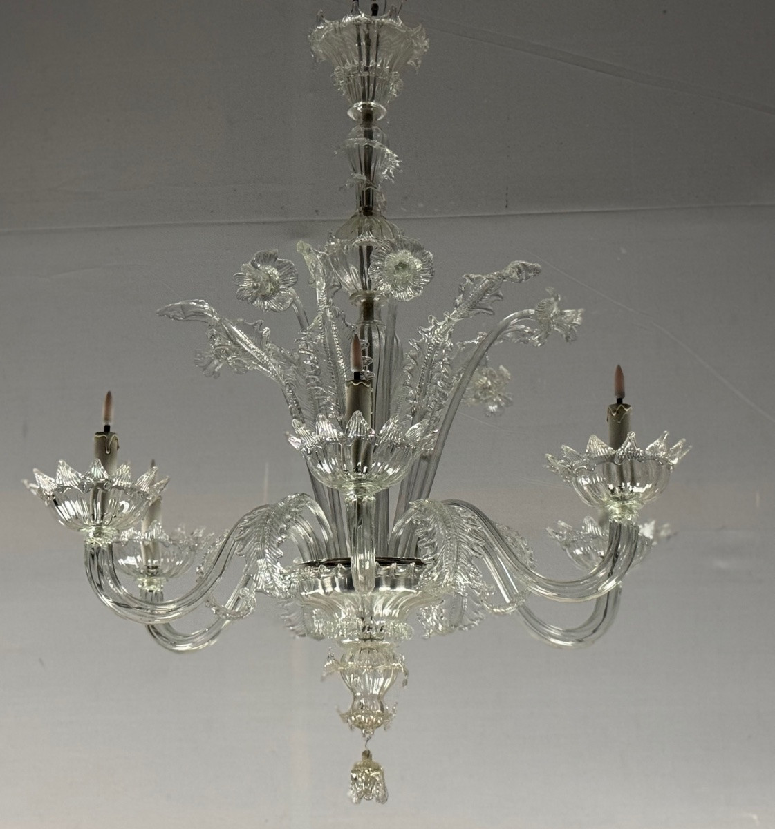 Venetian Chandelier In Colorless Murano Glass With 6 Lights, Circa 1930-photo-2