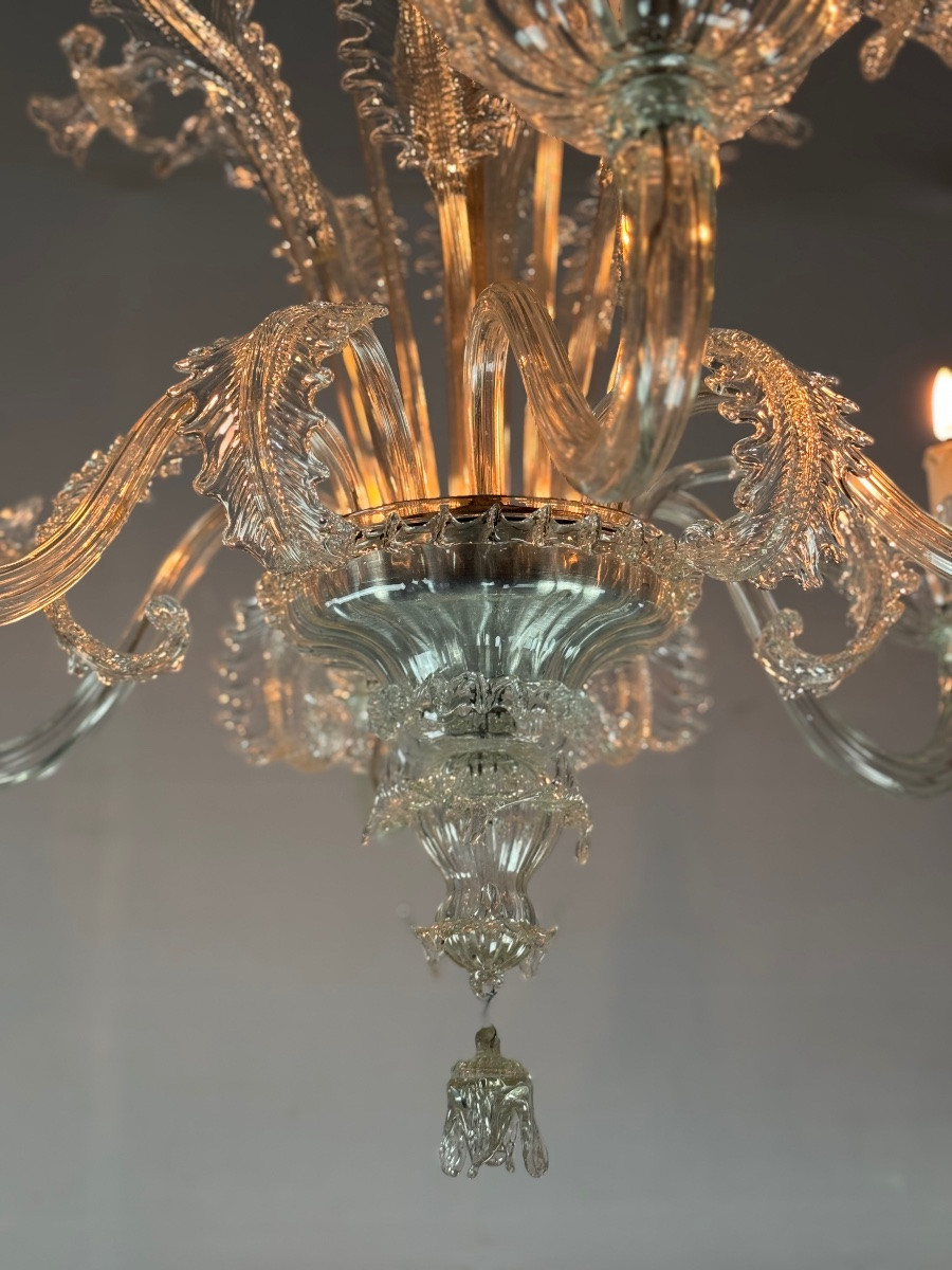 Venetian Chandelier In Colorless Murano Glass With 6 Lights, Circa 1930-photo-4