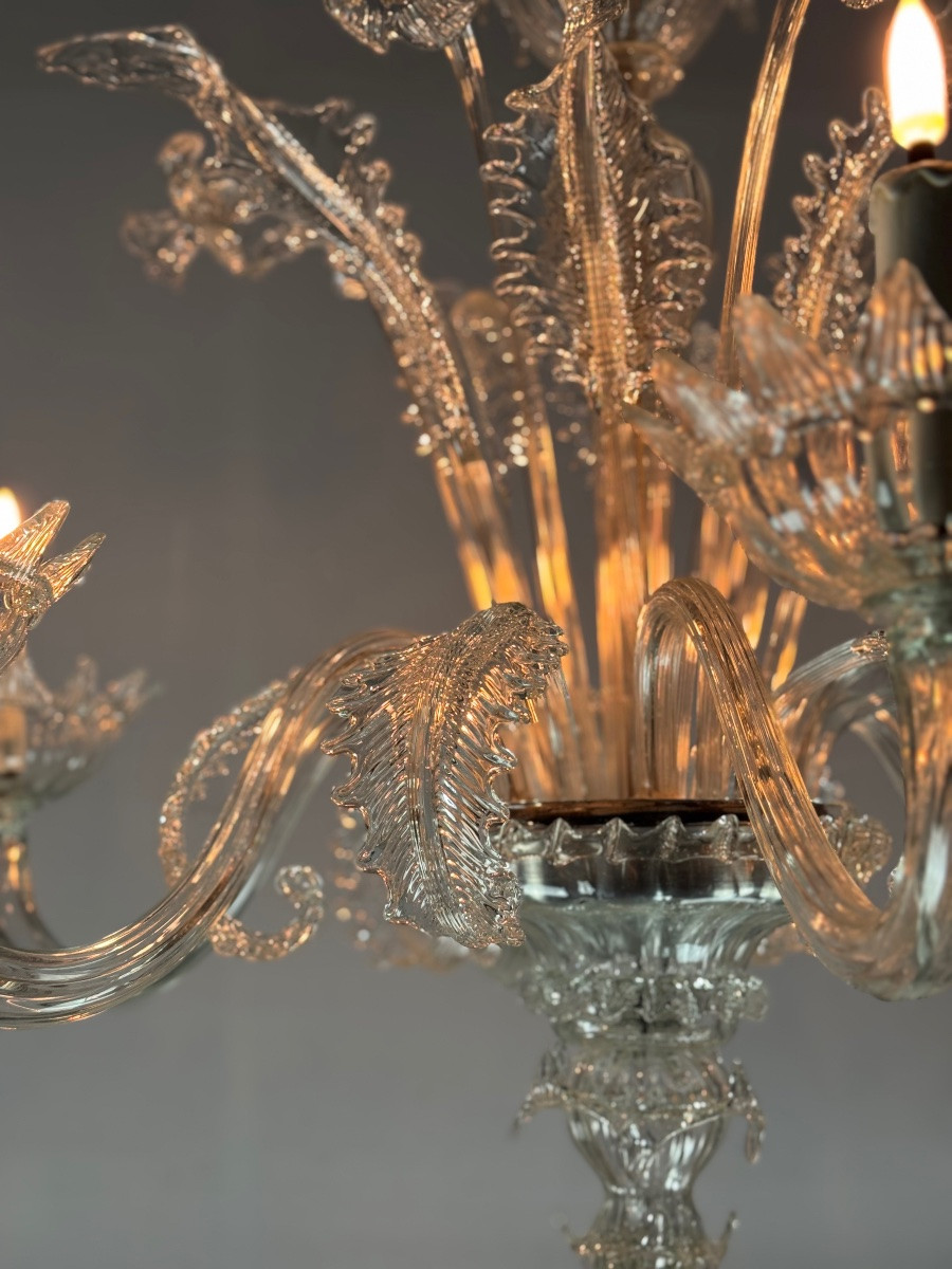 Venetian Chandelier In Colorless Murano Glass With 6 Lights, Circa 1930-photo-1