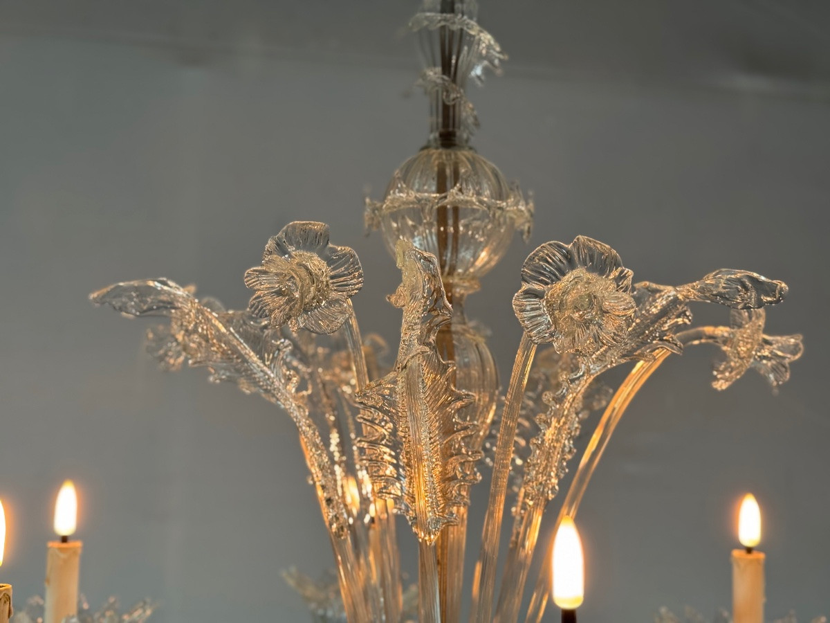 Venetian Chandelier In Colorless Murano Glass With 6 Lights, Circa 1930-photo-3