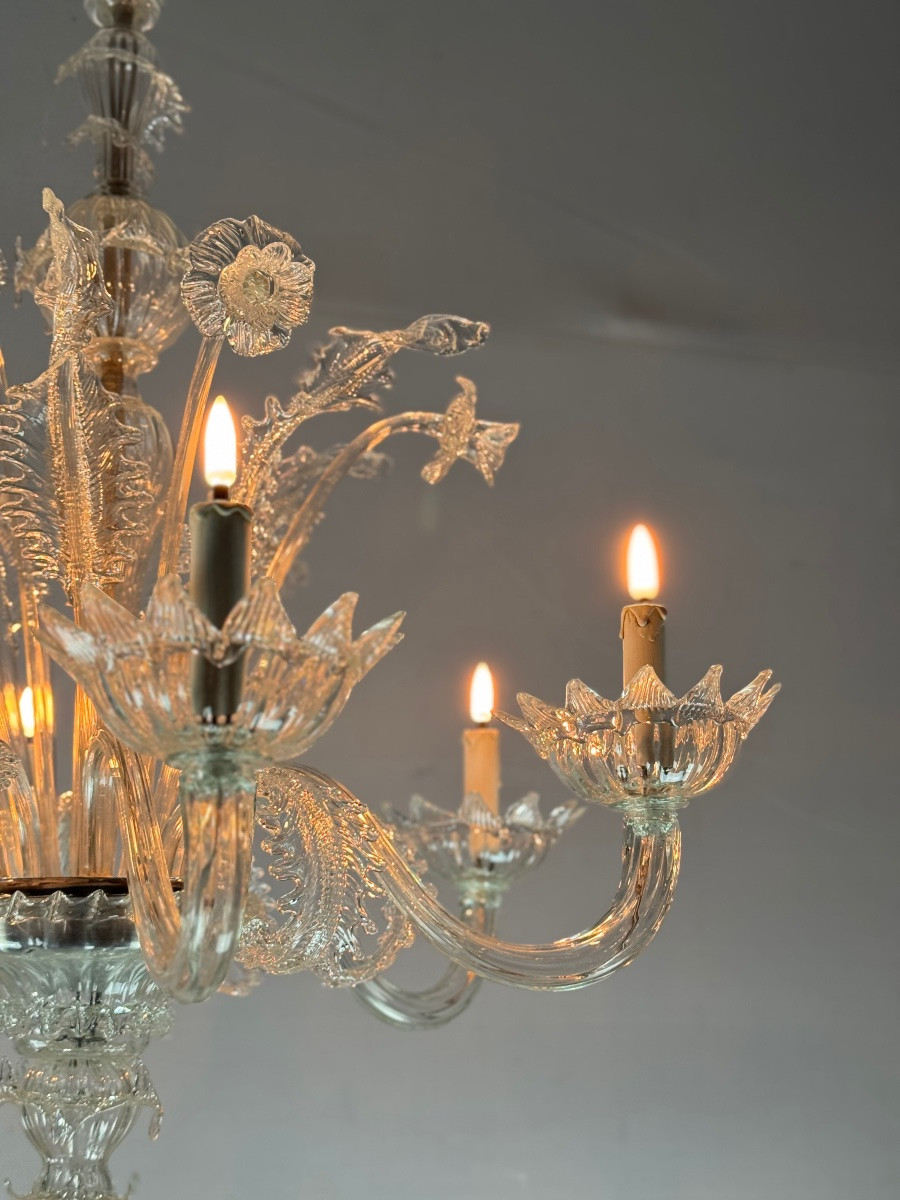 Venetian Chandelier In Colorless Murano Glass With 6 Lights, Circa 1930-photo-4